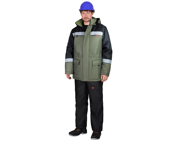 Куртка "БРИГАДИР" зим. муж. с капюшоном хаки с черным и СОП 50 мм